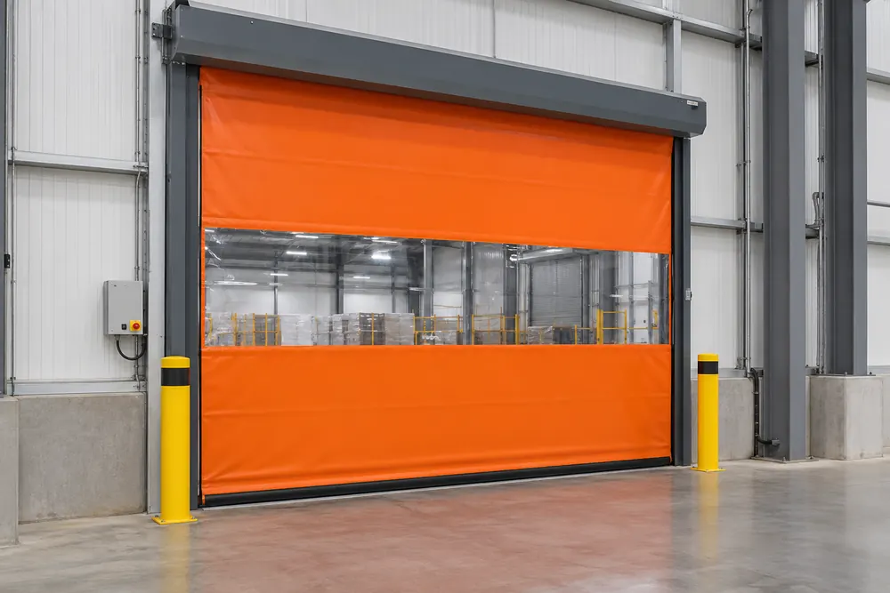 Flexible amber rapid-roll curtain with a viewing strip for a Glasgow warehouse