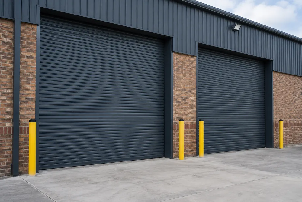 Paired steel security shutters across brick-built commercial units in Glasgow