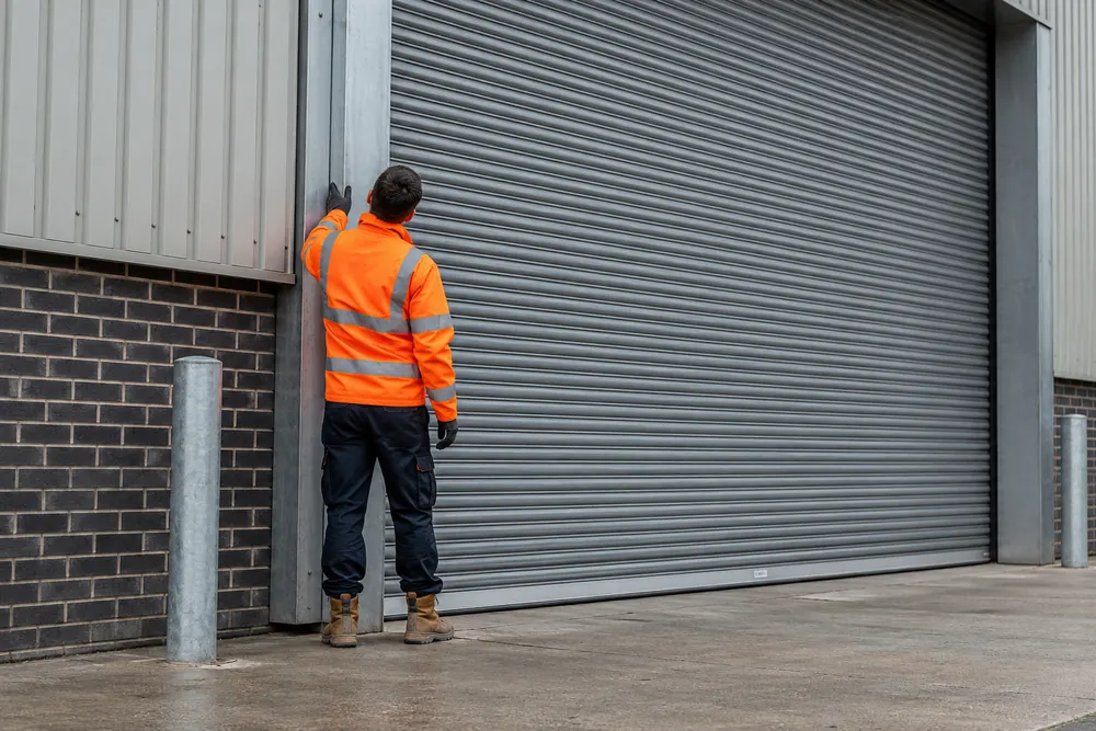Glasgow shutter repair illustration showing a technician inspecting the curtain and guides